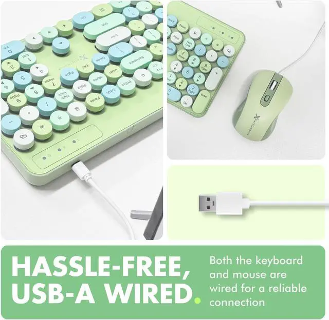 Alt view image 5 of 5 - X9 Wired Retro Keyboard and Mouse Combo - Backlit Typewriter Keyboard with Round Keycaps, 109 Silent Keys Fullsize Cute Keyboard with Phone/Tablet Dock, Aesthetic and Pastel Colorful Keyboard - Green