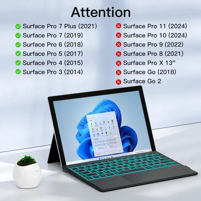 Alt view image 2 of 5 - XIWMIX Keyboard for Microsoft Surface Pro 7/ Pro 7 Plus/Pro 6/ Pro 5/ Pro 4 12.3"/Pro 3, Portable Bluetooth 5.2 Wireless,Multi-Gesture Touchpad 7-Color Backlit Type Cover for Surface Pro 7/7+/6/5/4/3