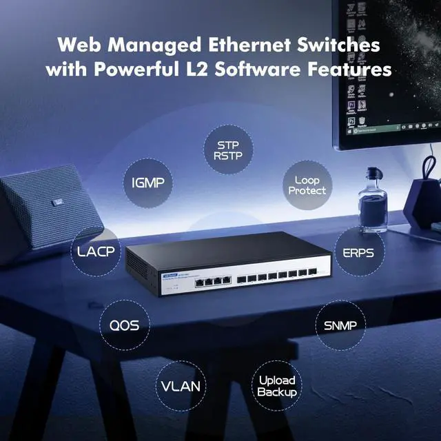 Alt view image 4 of 5 - YuLinca 12 Port 10Gbps Managed Switch, 8 x 10G SFP+ Slots with 4 x 10G RJ-45 Ports,Support 10G/5G/2.5G/1000M Auto-Negotiation,Smart Web Managed Gaming Switch
