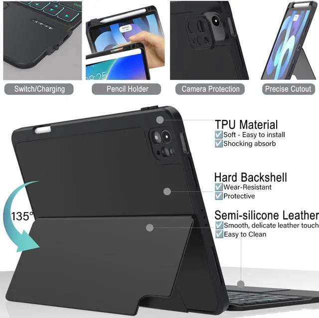 Alt view image 3 of 5 - ZENLU iPad Pro 13 inch (M4 2024) Case with Keyboard Detachable, Rugged Protective Shell, Multi-Touch Trackpad, Pen Holder, Vertical Stand, 7-Colors Backlit Keyboard for 13" iPad Pro (Black)