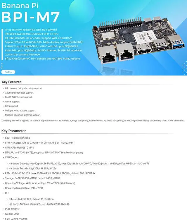 Alt view image 3 of 5 - Banana Pi BPI-M7 LPDDR4x 16GB Single Board Computer, RK3588 CPU 6Tops NPU Mali-G610 GPU, 2X 2.5GbE Ethernet for AI Edge Computing/Cloud Servers/Video Encoder, Support Android Linux (BPI-M7(8+64GB))