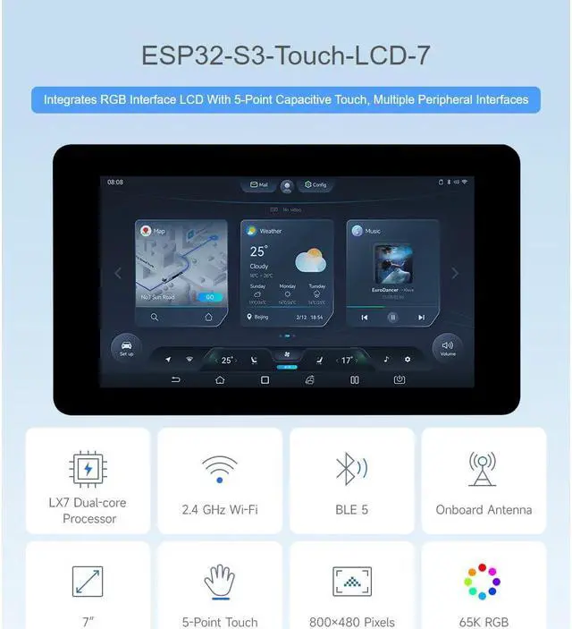 Alt view image 2 of 5 - Waveshare ESP32-S3 7inch Capacitive Touch Screen Development Board 800x480 Resolution 7 inch 65K RGB LCD Disply,5-Point Touch,Supports WiFi & Bluetooth