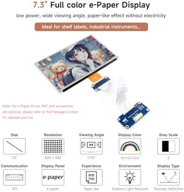 Alt view image 2 of 5 - Waveshare 7.3inch 6-Color E-Paper Display Module, Compatible with Raspberry Pi 5/4B/3B/Zero/Zero W/Zero 2W/Pico/Pico W/Pico WH, Support Jetson Nano/Jetson Orin Nano