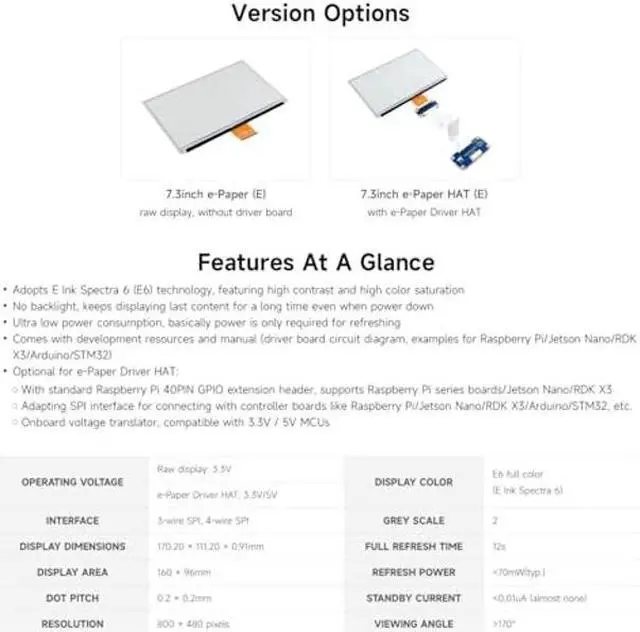 Alt view image 3 of 5 - Waveshare 7.3inch 6-Color E-Paper Display Module, Compatible with Raspberry Pi 5/4B/3B/Zero/Zero W/Zero 2W/Pico/Pico W/Pico WH, Support Jetson Nano/Jetson Orin Nano