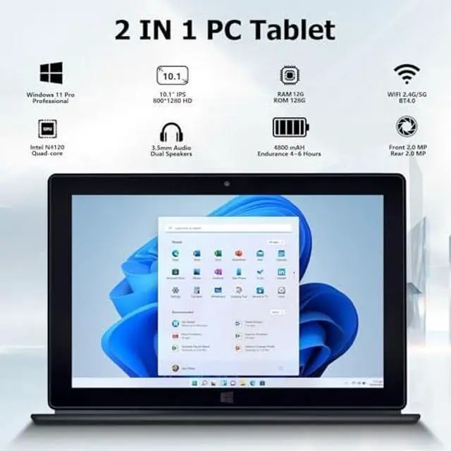 Alt view image 2 of 5 - HONGSAMDE Windows Tablet, 2 in 1 10.1 Inch Windows 11 Pro Tablet PC, 12GB RAM 128GB ROM,1280x800 IPS HD Touch, Intel Quad Core CPU Tablet Computer withKeyboard/ 5GWIFI/Bluetooth/USB3.0/Dual Cameras