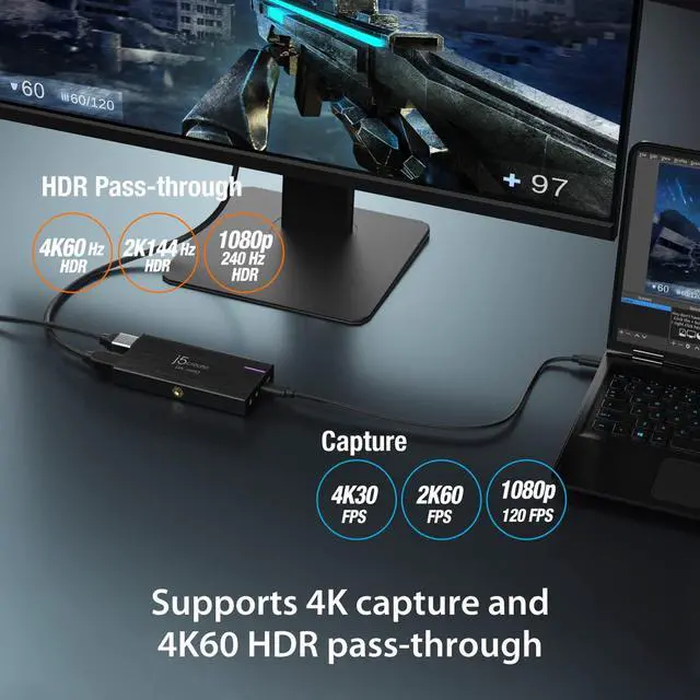 Alt view image 3 of 5 - j5create 4K Game Video Capture Card with PD 60W Pass-Through Charging, Stream and Record 4K Video on PS5, PS4, Xbox, Switch, Work with OBS, Twitch, YouTube (JVA14)