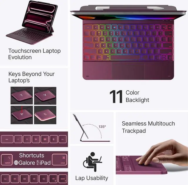 Alt view image 3 of 5 - typecase Keyboard Case for iPad Pro 13-inch (M4) 2024,Magic Keyboard with 11 Colors Backlight for iPad Pro 13,Keyboard Case with Pencil Holder,Multi-Touch Trackpad,Easy-Set Magnetic Stand(Raspberry)