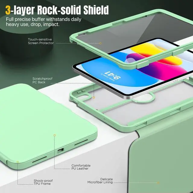 Alt view image 3 of 5 - MoKo for iPad 11-inch (A16) 11th Generation Case 2025/ iPad 10th Generation Case with Pencil Holder 2022 10.9 inch, Built-in Screen Protector Clear Back, Multi Angle Viewing Stand, Green