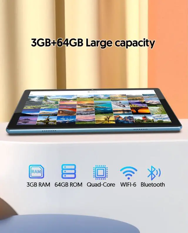 Alt view image 4 of 5 - 10.1 inch Tablet, 64GB ROM, 1TB Expandable, 6000mAh Battery, Wi-Fi 6, Quad-Core, 2MP+8MP Dual Camera, Bluetooth, IPS Screen