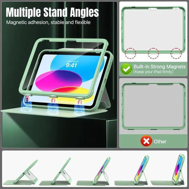 Alt view image 4 of 5 - MoKo for iPad 11-inch (A16) 11th Generation Case 2025/ iPad 10th Generation Case with Pencil Holder 2022 10.9 inch, Built-in Screen Protector Clear Back, Multi Angle Viewing Stand, Green