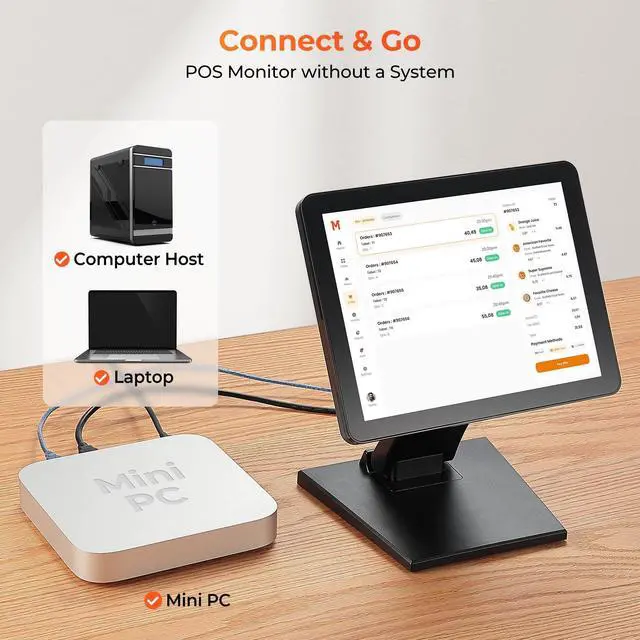 Alt view image 2 of 5 - MUNBYN 12-inch POS Touchscreen Monitor, LED POS Monitor, HDMI/VGA Capacitive Screen Display, Foldable Stand POS Touch Screen Monitor for Retail, Restaurant, Bar, Small Business, No Driver Required