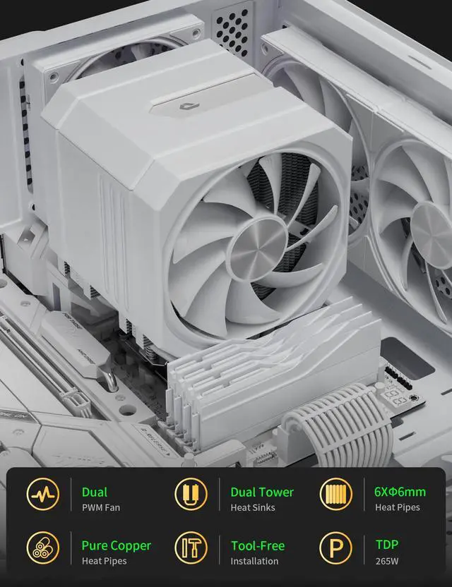 Alt view image 5 of 5 - CPU Air Cooler with 6X6mm Heat Pipes,Dual 120mm Fan CPU Cooler 1600rmp,CPU Air Cooler AMD AM5/AM4/AM3 Series,CPU Air Cooler 6.22'' Height compatible with Intel LGA 1851/1700/1155/1156/2011/2066(White)