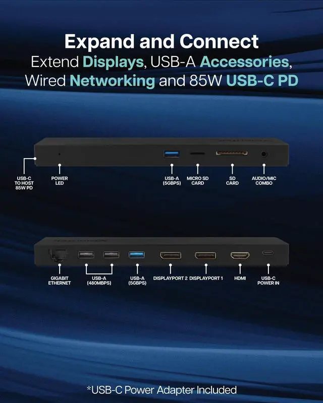 Alt view image 4 of 5 - VisionTek VT2500 USB-C MST 3x Monitor Docking Station - 85W of Power, 2x DispayPort, 1x HDMI, 4x USB Ports, Audio, Ethernet, SD Reader for Windows