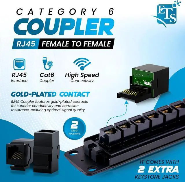 Alt view image 2 of 5 - ETS 24 Port CAT6 Pass Through Coupler Patch Panel with Back Bar, Compatible with Cat5, Cat5e, Cat6, Cat6A, Loaded with Unshielded keystones