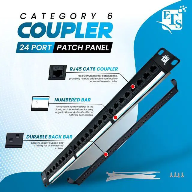 Alt view image 4 of 5 - ETS 24 Port CAT6 Pass Through Coupler Patch Panel with Back Bar, Compatible with Cat5, Cat5e, Cat6, Cat6A, Loaded with Unshielded keystones