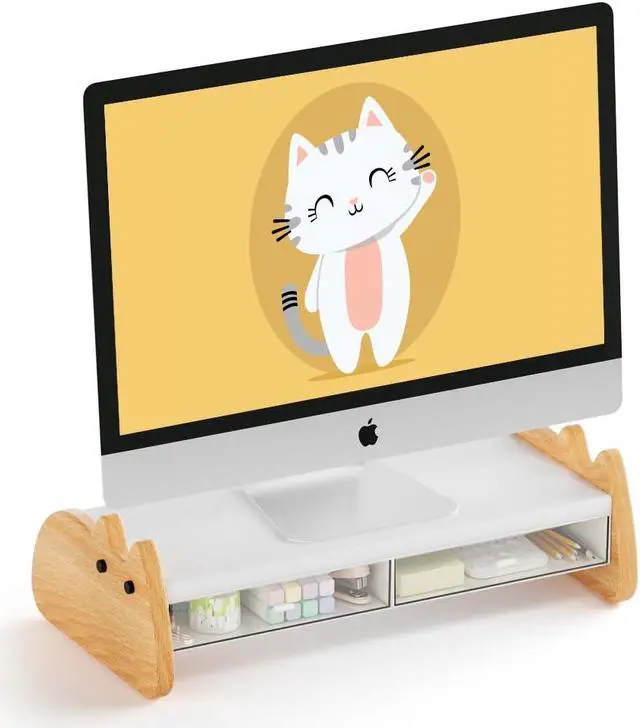 Main image of AFOOYO Monitor Stand Riser,Wooden & MDF Computer Desktop Stand with Acrylic Drawer,Laptop Stand Riser Holder ,Table Holder Desk Organizer Storage Stand for Laptop,Printer,TV,15.7 inch,Cute Cat