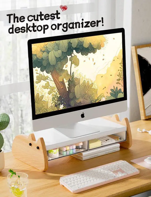 Alt view image 2 of 5 - AFOOYO Monitor Stand Riser,Wooden & MDF Computer Desktop Stand with Acrylic Drawer,Laptop Stand Riser Holder ,Table Holder Desk Organizer Storage Stand for Laptop,Printer,TV,15.7 inch,Cute Cat