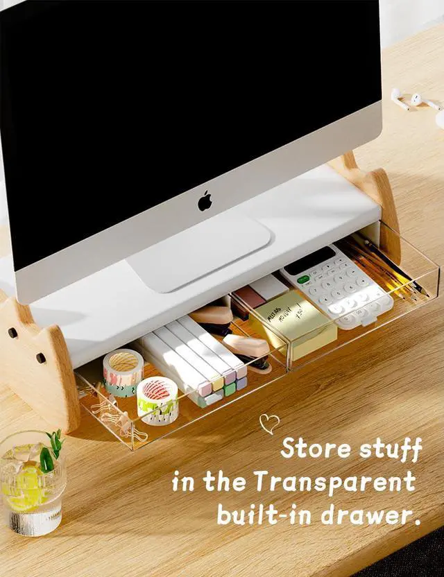 Alt view image 3 of 5 - AFOOYO Monitor Stand Riser,Wooden & MDF Computer Desktop Stand with Acrylic Drawer,Laptop Stand Riser Holder ,Table Holder Desk Organizer Storage Stand for Laptop,Printer,TV,15.7 inch,Cute Cat
