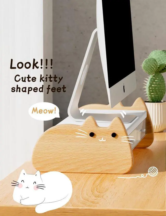 Alt view image 4 of 5 - AFOOYO Monitor Stand Riser,Wooden & MDF Computer Desktop Stand with Acrylic Drawer,Laptop Stand Riser Holder ,Table Holder Desk Organizer Storage Stand for Laptop,Printer,TV,15.7 inch,Cute Cat