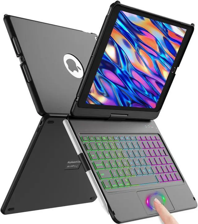 Main image of aMZCaSE for iPad 9th/8th/7th Generation case with Keyboard and Pen Holder,Colorful Backlight,360degRotatable Slim Cover,10.2 inch of iPad Case with Wireless Bluetooth Keyboard,Pencil Holder,Black