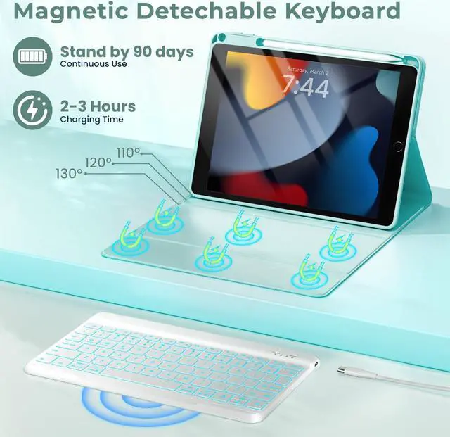 Alt view image 2 of 5 - iPad 7th/8th/9th Generation Case with Keyboard 10.2-inch 2019/2020/2021, iPad Air 3rd/Pro 10.5-inch 2017 Compatible, 7 Color Backlit Keyboard BT/Wireless/Detachable with Pencil Holder (Mint Green)