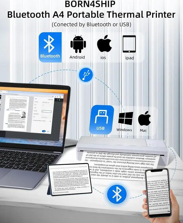 Alt view image 2 of 5 - BORN4SHIP Portable Bluetooth Printer - Wireless Thermal Printer, Support Multi-Size Thermal Paper, Compatible with Android and iOS Phone & PC, 300DPI Inkless Printer for Travel, Office, School