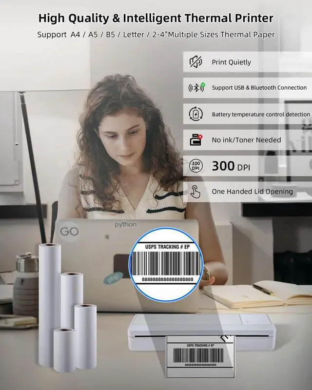 Alt view image 3 of 5 - BORN4SHIP Portable Bluetooth Printer - Wireless Thermal Printer, Support Multi-Size Thermal Paper, Compatible with Android and iOS Phone & PC, 300DPI Inkless Printer for Travel, Office, School