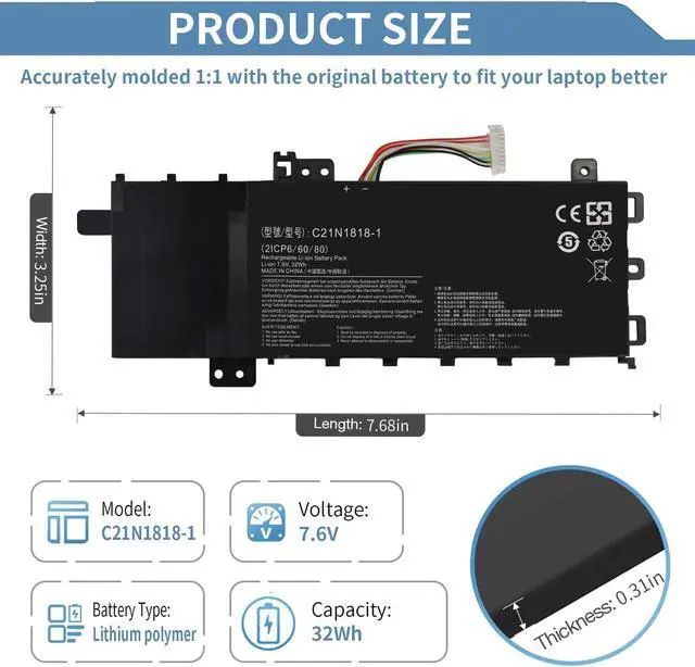Alt view image 2 of 5 - 32Wh 7.6V C21N1818-1 Laptop Battery Replacement for ASUS VivoBook 15 F512FA F512DA F512JA X512DA X512JA F512FB F512FJ F512FL F512UA X512FA X512FB X512FJ X512FL X512JF X512JP 0B200-03190800 2ICP7/54/83