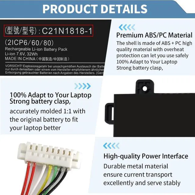 Alt view image 4 of 5 - 32Wh 7.6V C21N1818-1 Laptop Battery Replacement for ASUS VivoBook 15 F512FA F512DA F512JA X512DA X512JA F512FB F512FJ F512FL F512UA X512FA X512FB X512FJ X512FL X512JF X512JP 0B200-03190800 2ICP7/54/83