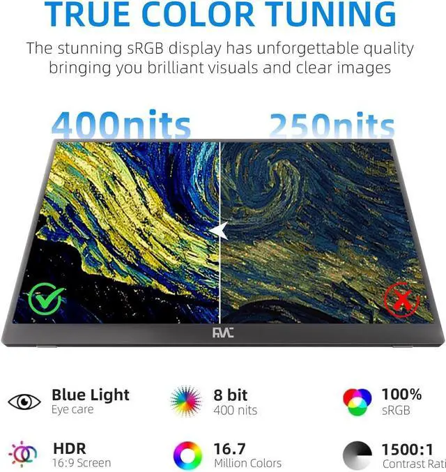 Alt view image 2 of 5 - FMC 15.6 Inch 400 nits 1080P FHD Portable Monitor 60 Hz Ultra Slim Travel Monitor USB-C HDMI with Cover & Cables for Laptop PC MAC PS Xbox Switch Screen Extender