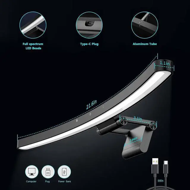 Alt view image 3 of 5 - Giousv Computer Monitor Lamp Dimmable, 55CMmonitor lamp Curved,Computer Desk Lamp,LED Display Light Strip with Touch Control, Office Light Eye Care Screen Light