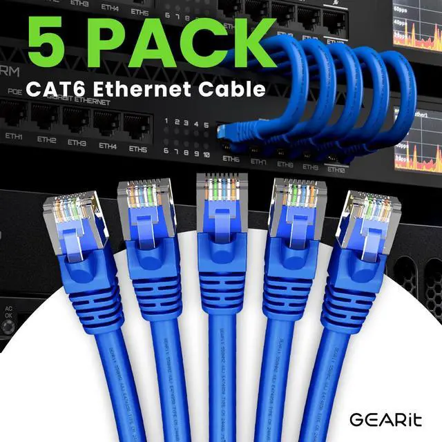 Alt view image 2 of 5 - GearIT Cat 6 Ethernet Cable (5-Pack 35 Feet) Cat6 Network Patch, 10Gbps, RJ45, Snagless Cord, Gold-Plated Connectors, Internet for PC, TV, Tablet, Router, Printer, Servers, IT Data Center - Blue