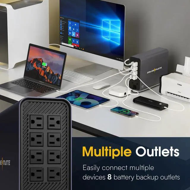 Alt view image 2 of 5 - GOLDENMATE 1000VA/800W Lithium UPS Battery Backup & Surge Protector, Backup Battery Power Supply with LiFePO4 Batteries(230.4 Wh), Sinewave UPS System, 10 Years Lifespan, 8 Ports, LCD Display, Gray