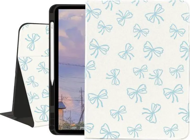 Main image of JOYLAND Lovely Blue Bow Case for iPad Air 6th Generation 11" M2 2024/iPad Air 5th 2022/4th 2020 Gen 10.9",White Textured Folio Case with Pencil Holder Multi-Angle View Adjustable Stand Auto Wake/Sleep