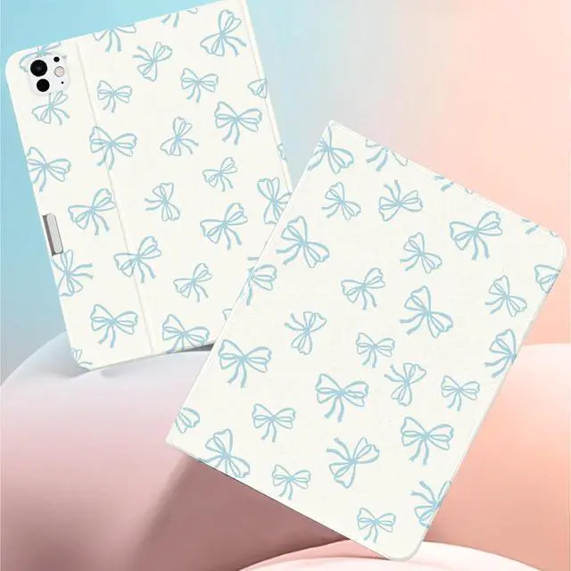 Alt view image 2 of 5 - JOYLAND Lovely Blue Bow Case for iPad Air 6th Generation 11" M2 2024/iPad Air 5th 2022/4th 2020 Gen 10.9",White Textured Folio Case with Pencil Holder Multi-Angle View Adjustable Stand Auto Wake/Sleep