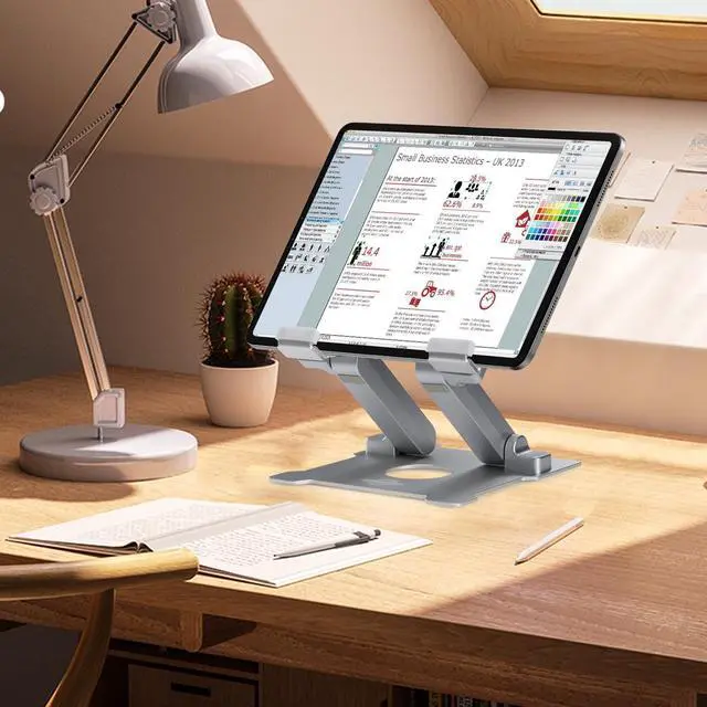 Alt view image 3 of 5 - KABCON Quality Tablet Stand,Adjustable Foldable Eye-Level Aluminum Solid Up to 15-in Tablets Holder for Microsoft Surface Series Tablets,iPad Series,Samsung Galaxy Tabs, Kindle Fire,Etc.Silver