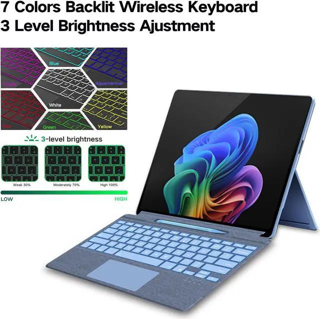 Alt view image 3 of 5 - JvKzaen Surface Pro 9 Keyboard with Slim Pen, Compatible with Microsoft Surface Pro11 10 9 8 X, 13 Inch Bluetooth Wireless Backlight Type Cover Keyboard with Slim Pen, Keyboard with Slim Pen Blue