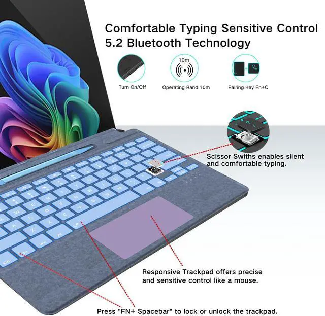 Alt view image 5 of 5 - JvKzaen Surface Pro 9 Keyboard with Slim Pen, Compatible with Microsoft Surface Pro11 10 9 8 X, 13 Inch Bluetooth Wireless Backlight Type Cover Keyboard with Slim Pen, Keyboard with Slim Pen Blue