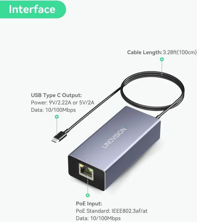 Alt view image 2 of 5 - LINOVISION POE to USB-C Converter, Data and Charging Through One Cable, IEEE802.3af/at POE Convert to USB Type C with 10/100Mbps Ethernet, 9V/2.22A or 5V/2A Output, Suitable for Phones and Tablets