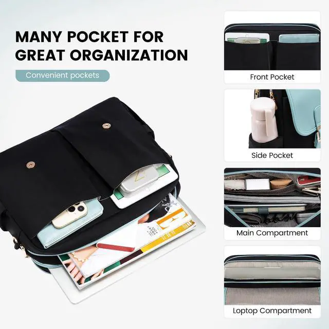 Alt view image 4 of 5 - LOVEVOOK Laptop Bag for Women, 15.6 inch Large Capacity Computer Briefcase Case, Crossbody Messenger Bag, Office Business Work Bags Purse for Travel Gifts, Mint Green-black