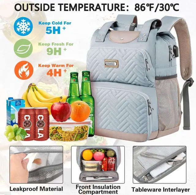 Alt view image 2 of 5 - Mogplof Lunch Backpack for Women, 15.6 Inch Laptop Backpack with USB Port RFID Pocket, College Laptop Bookbag Work Travel Backpacks, Insulated Cooler Lunch Bag Gift for Business, Light Blue
