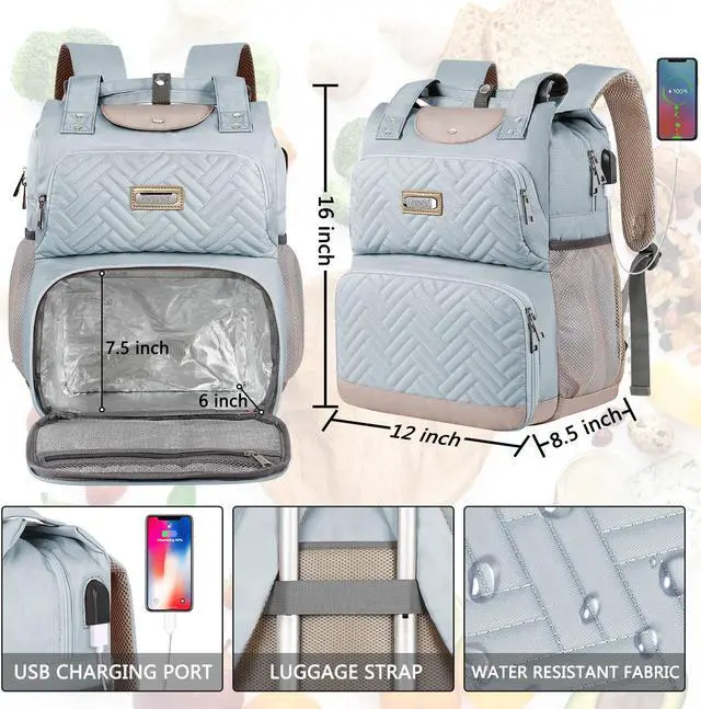 Alt view image 4 of 5 - Mogplof Lunch Backpack for Women, 15.6 Inch Laptop Backpack with USB Port RFID Pocket, College Laptop Bookbag Work Travel Backpacks, Insulated Cooler Lunch Bag Gift for Business, Light Blue