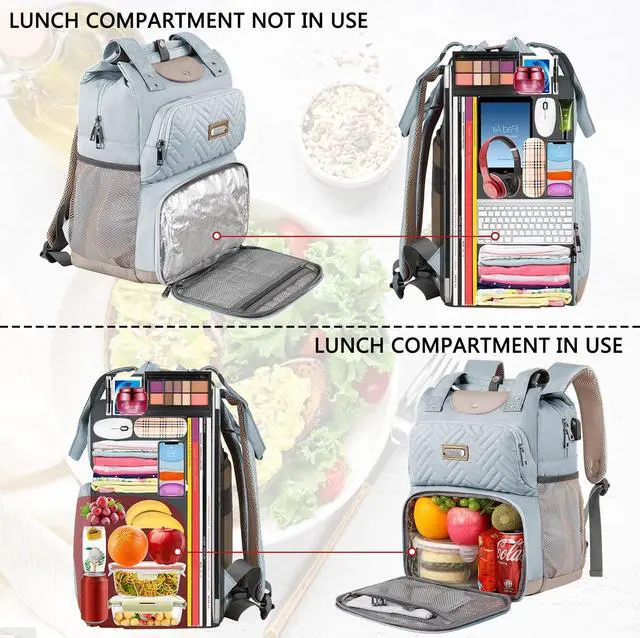 Alt view image 5 of 5 - Mogplof Lunch Backpack for Women, 15.6 Inch Laptop Backpack with USB Port RFID Pocket, College Laptop Bookbag Work Travel Backpacks, Insulated Cooler Lunch Bag Gift for Business, Light Blue