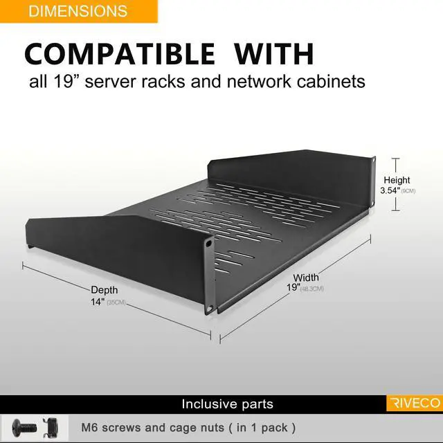 Alt view image 2 of 5 - RIVECO 2 PCS 2U Rack Shelves 14 Inch Depth, Rack Mount Vented Cantilevers for Server 19" Server Racks & Network Cabinets Black