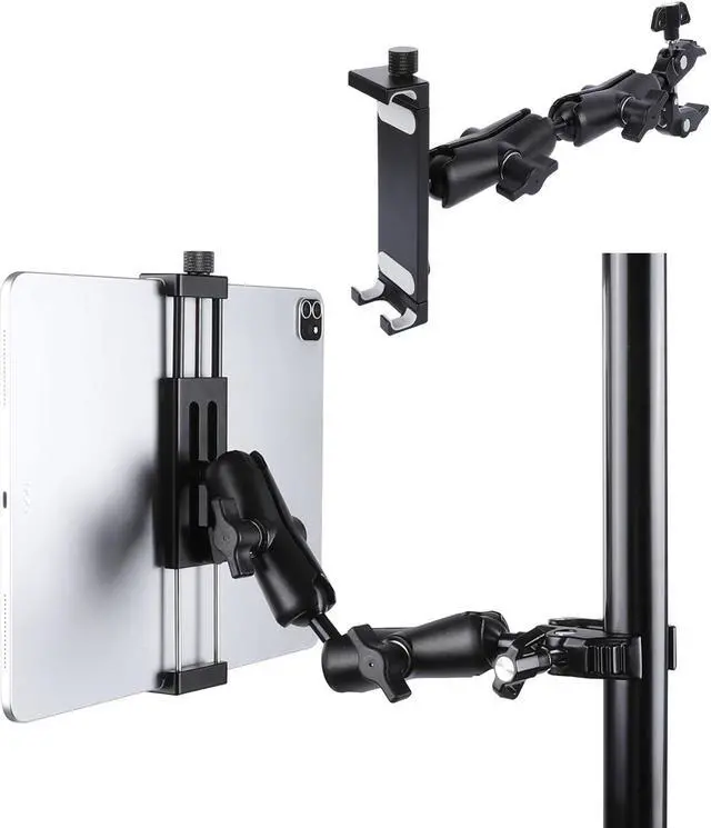 Main image of Aluminum Dual Arm Tablet Mount with Super Clamp for Rails 0.5'' to 2'' in Diameter, Side Mount Tablet Holder for Mic Stand, Compatible with iPad Pro 12.9 Air Mini, Galaxy Tab, 4.7-12.9" Tablets