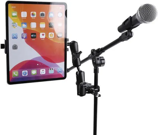 Alt view image 2 of 5 - Aluminum Dual Arm Tablet Mount with Super Clamp for Rails 0.5'' to 2'' in Diameter, Side Mount Tablet Holder for Mic Stand, Compatible with iPad Pro 12.9 Air Mini, Galaxy Tab, 4.7-12.9" Tablets