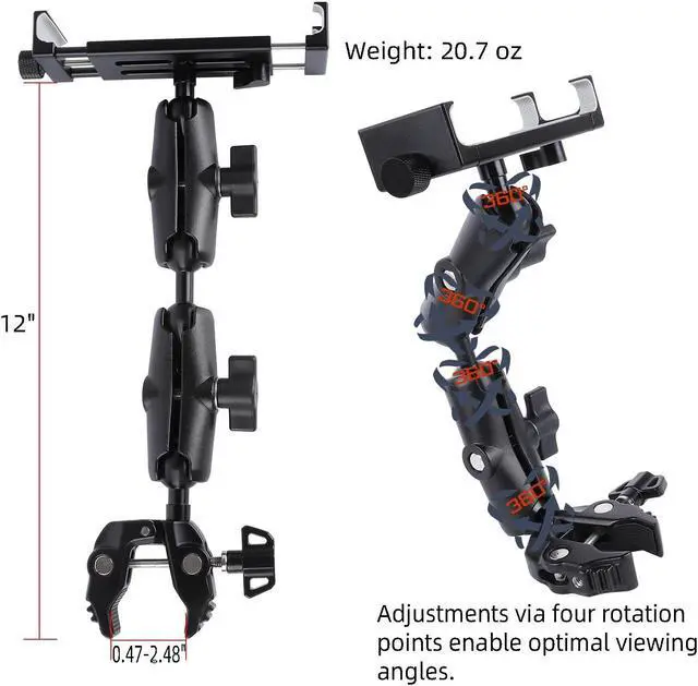 Alt view image 4 of 5 - Aluminum Dual Arm Tablet Mount with Super Clamp for Rails 0.5'' to 2'' in Diameter, Side Mount Tablet Holder for Mic Stand, Compatible with iPad Pro 12.9 Air Mini, Galaxy Tab, 4.7-12.9" Tablets