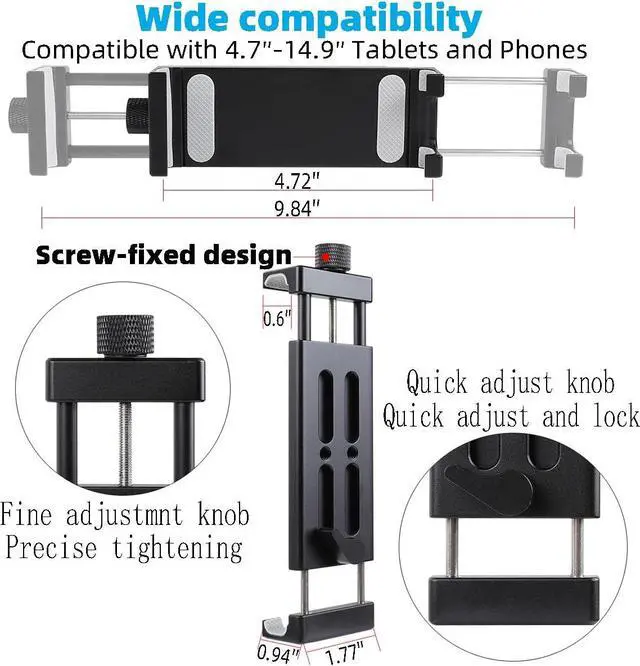 Alt view image 5 of 5 - Aluminum Dual Arm Tablet Mount with Super Clamp for Rails 0.5'' to 2'' in Diameter, Side Mount Tablet Holder for Mic Stand, Compatible with iPad Pro 12.9 Air Mini, Galaxy Tab, 4.7-12.9" Tablets