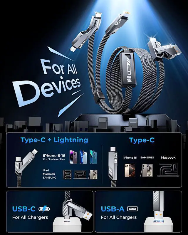 Alt view image 2 of 5 - SHEZI Upgraded 6 in 1 Multi Charging Cable, 100W USB C to Lightning Cable [1G File Done in 20s] Fast Charging for iPhone/iPad, Flat Braided Multiple Charger Cord Combo L/Type C/USB A-5FT