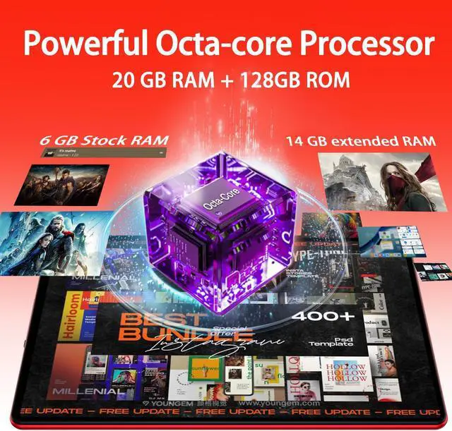 Alt view image 3 of 5 - SKYEGG Android 14 Tablet 10.1 inch Tablets,20GB RAM 128GB ROM 1TB Expand,Octa-Core Processor,Dual Camera,WiFi 6,GPS,Bluetooth 5.0,6000mAh Long Battery Life with Keyboard/Mouse-Red